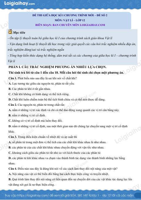 Đề thi giữa học kì 1 Vật lí 12 Cánh diều - Đề số 2
